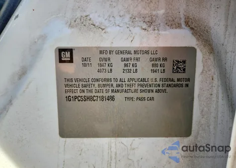 2012 Chevrolet Cruze Ls z USA, uszkodzony, nr VIN 1G1PC5SH8C7181486